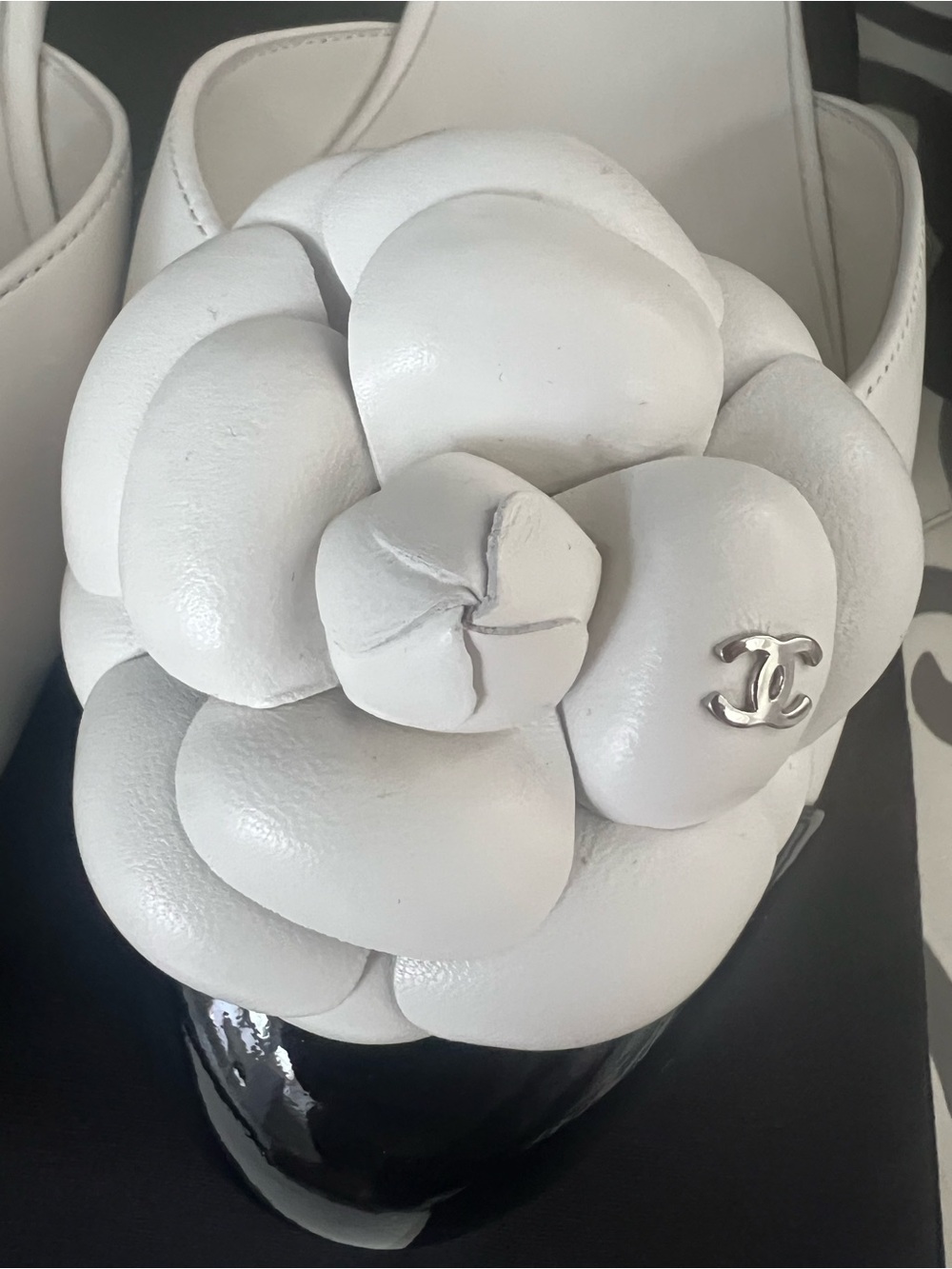 NEW CHANEL White Leather Camellia Mary Jane Mules with Black Cap Toe - Picture 4 of 12